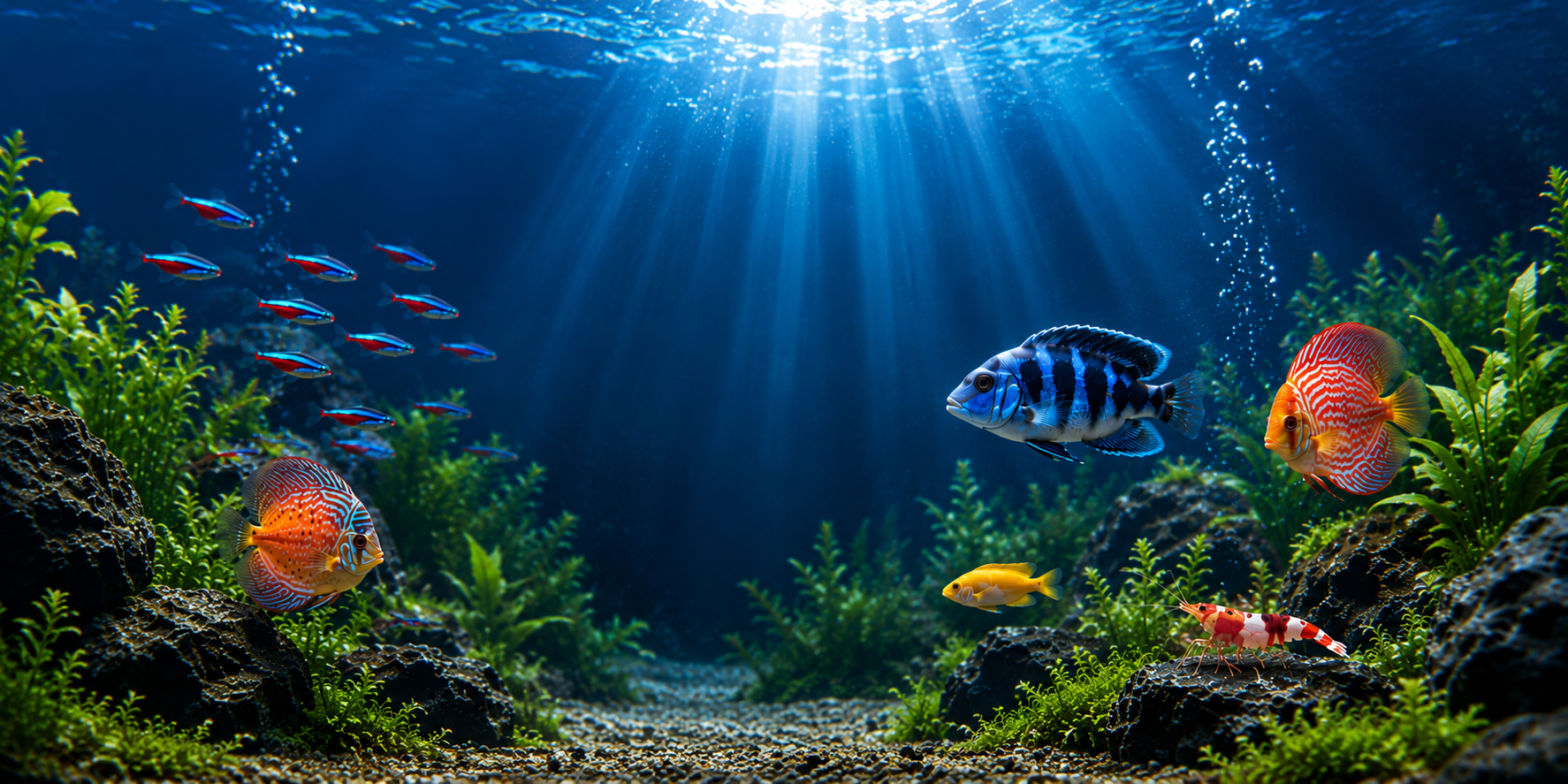 Aquarium planté avec discus, cichlidés et crevette naine sous un rayon de lumière